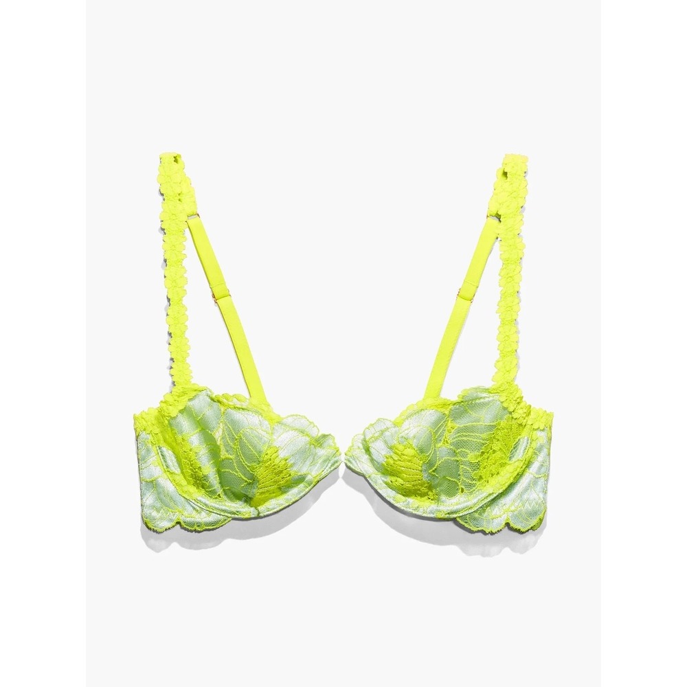 Savage X Fenty Bra 38D Neon Lime Green Silver Floral Lace Underwire‎ Demi NWT